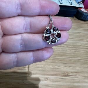 Red Heart Crystal Flower Necklace – Silver Tone